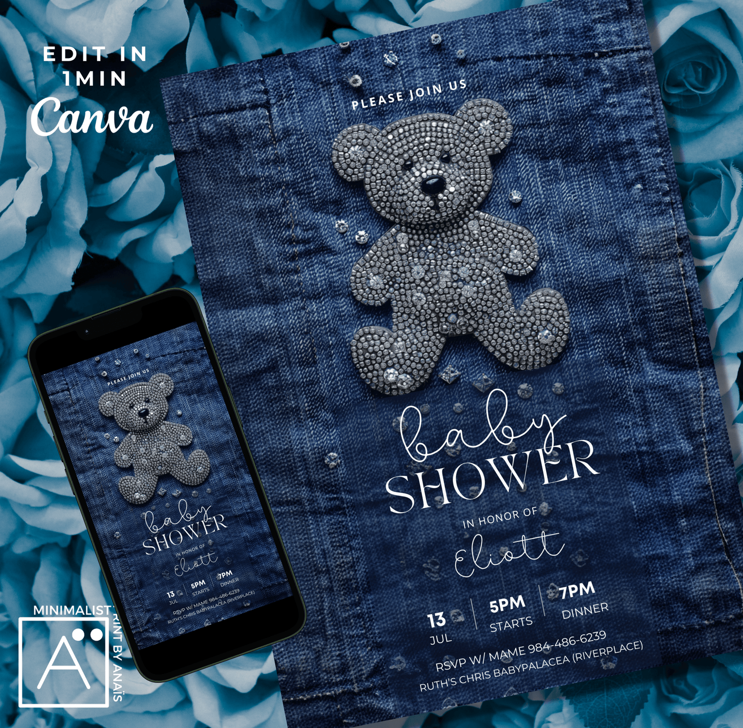 Baby Shower Invitation | Denim and Diamonds Theme | Baby Sprinkle Invitations | We Can Bearly Wait Printable and Evite