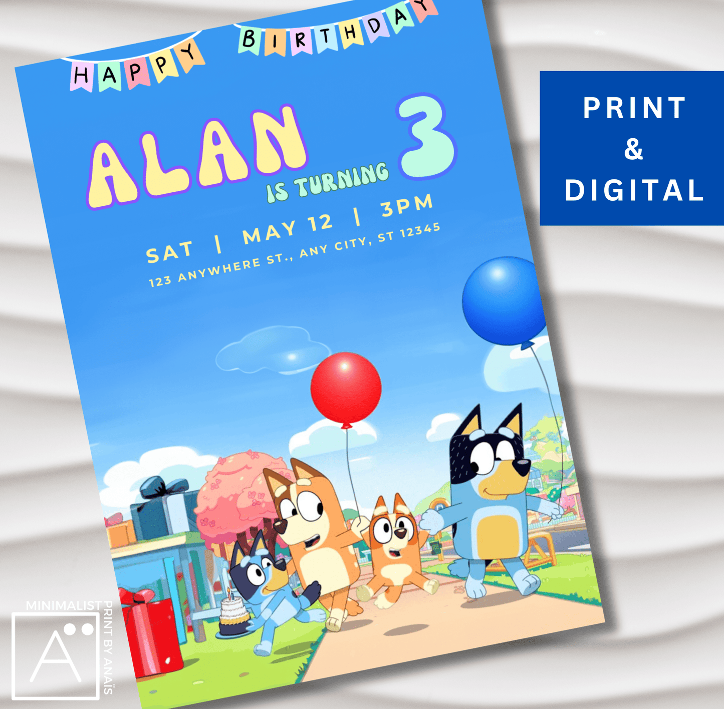 Bluey and his mom and dad, birthday party with balloon Bluey Birthday Party Invitation | Bluey Party Supplies & Decorations | Digital Canva Invite | Printable Birthday Flyer