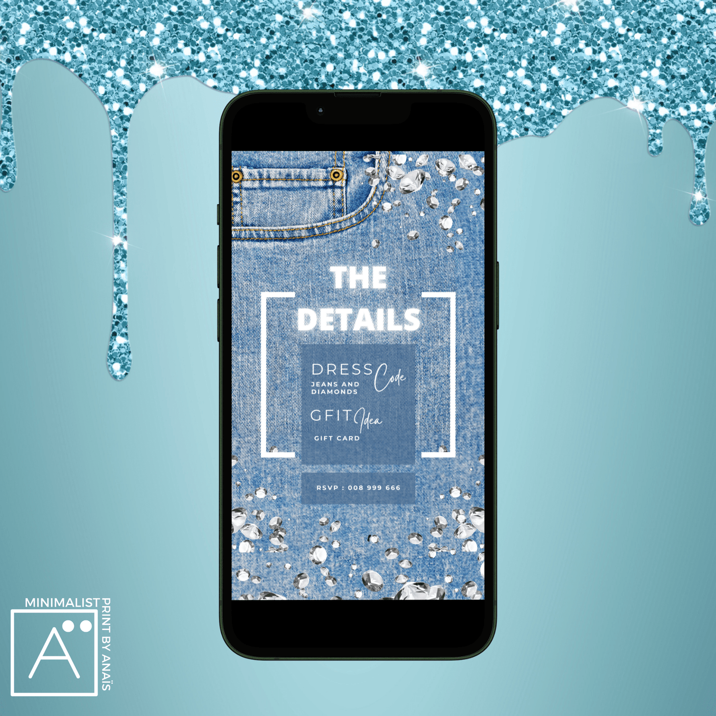 Digital Denim and Diamonds Invitation | Denim & White & Neon | Phone Evite | Canva Birthday Invitation | DIY Editable Party Invitation | MinimalistPrintByAnais