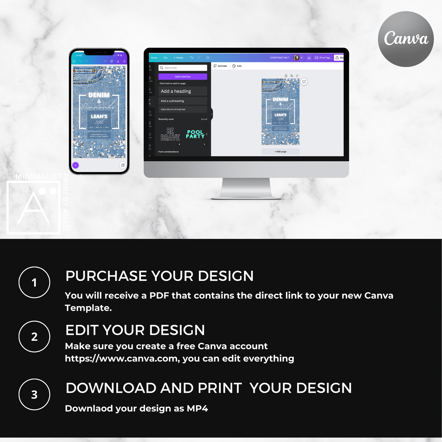 Digital Denim and Diamonds Invitation | Denim & White & Neon | Phone Evite | Canva Birthday Invitation | DIY Editable Party Invite