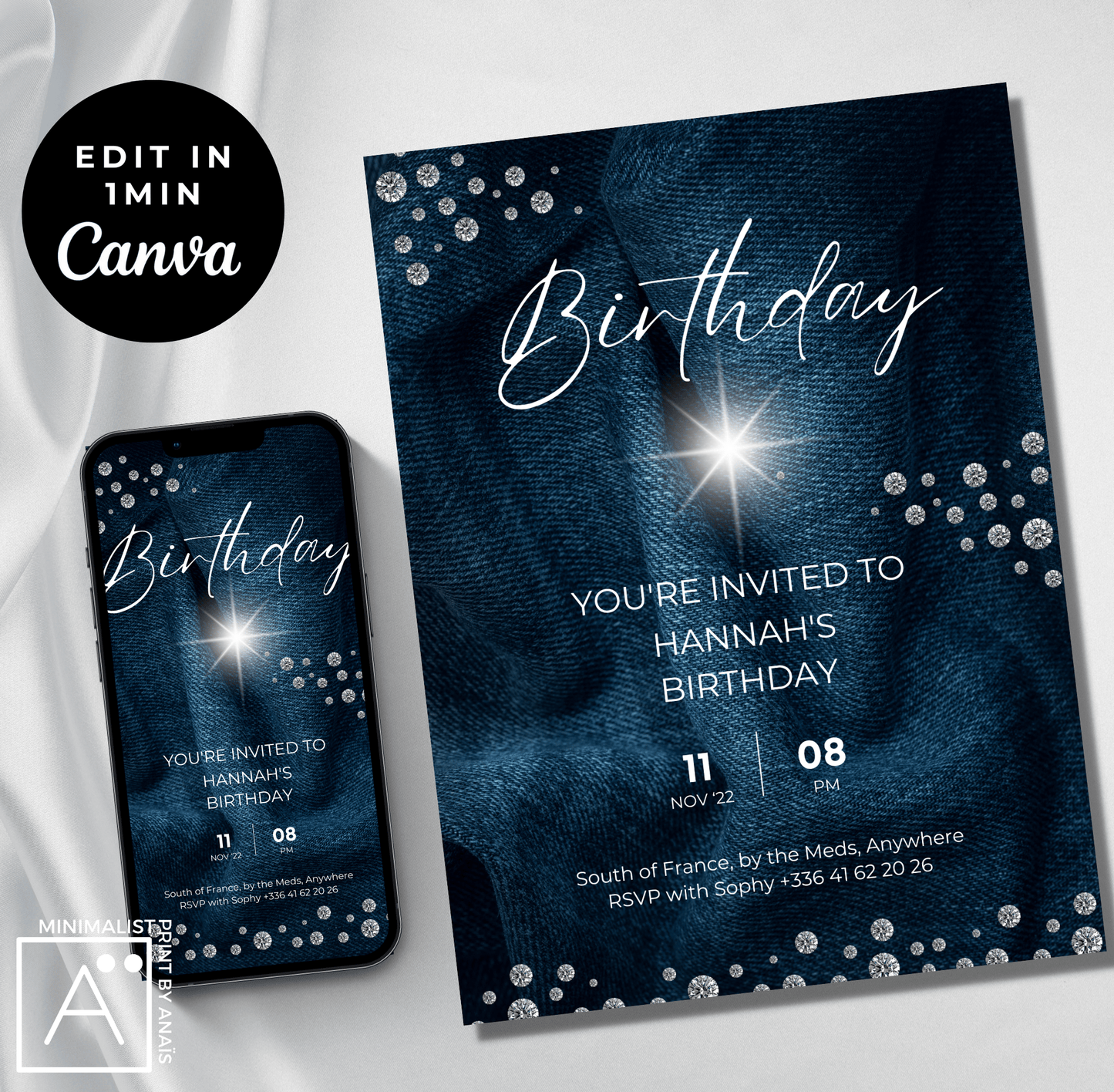 Overview of the Denim and Diamonds Birthday Invitation on a smartphone and print, demonstrating the ease of editing and personalizing the design in Canva.