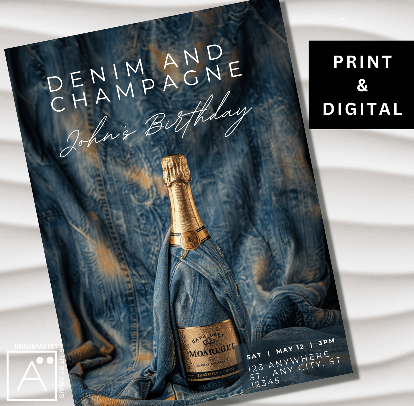 Party with Champagne and Denim: Printable and Digital | Birthday Invitation | Customizable for 30th, 40th, 60th Celebrations & More
