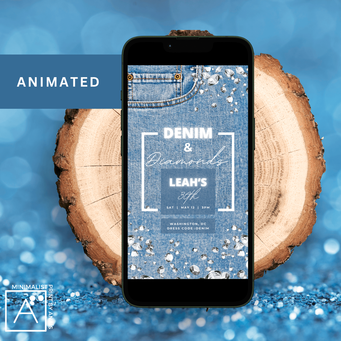 Digital Denim and Diamonds Invitation | Denim & White & Neon | Phone Evite | Canva Birthday Invitation | DIY Editable Party Invitation | MinimalistPrintByAnais