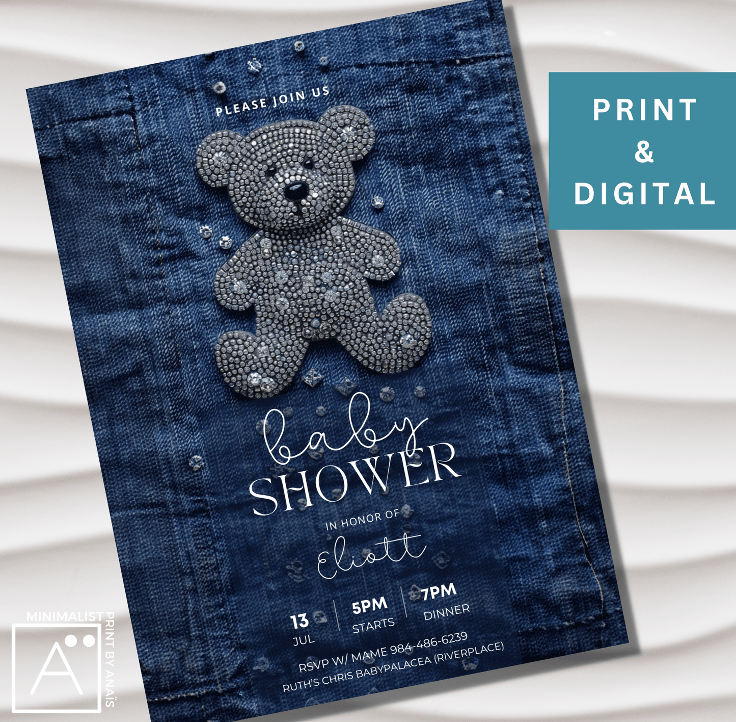 Baby Shower Invitation |  Denim and Diamonds Theme | Baby Sprinkle Invitations | We Can Bearly Wait, printable invitation