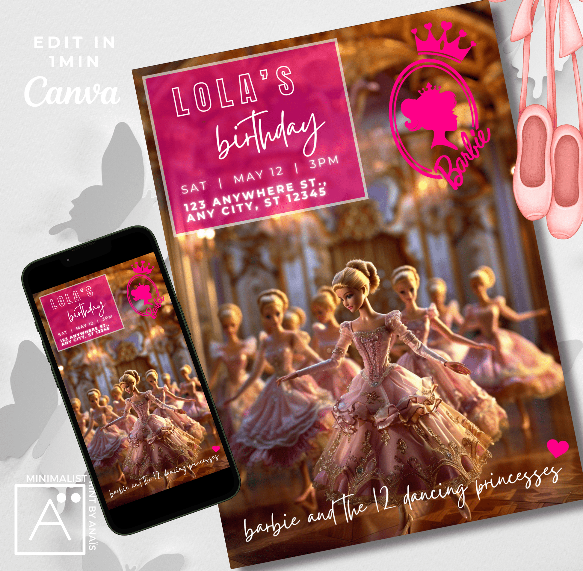 Barbie 12 Dancing Princesses birthday invitation template, printable and digital, editable in Canva, featuring Barbie princesses dancing.