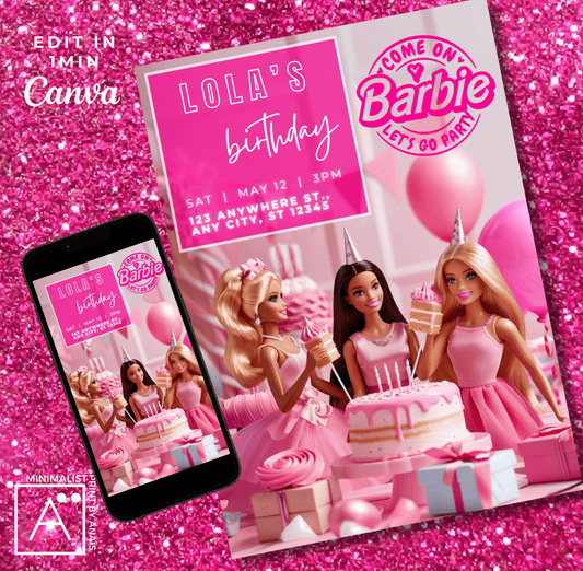 Barbie Birthday Party Invitation Print and Digital Formats with Pink Barbie Decor Elements