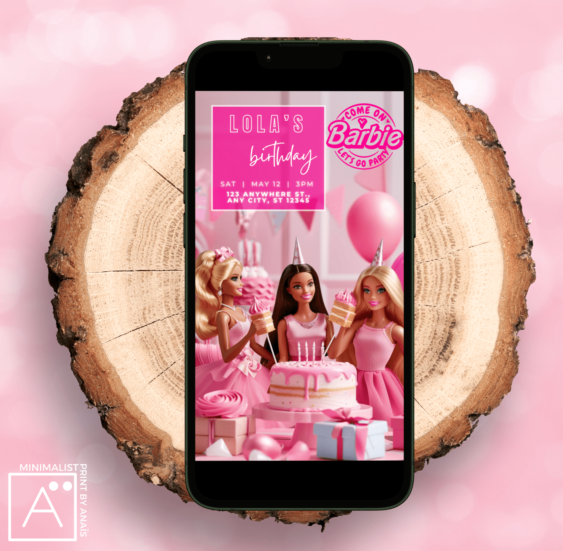 Barbie Party Invitation displayed on smartphone, editable for DIY event planning  Decorations