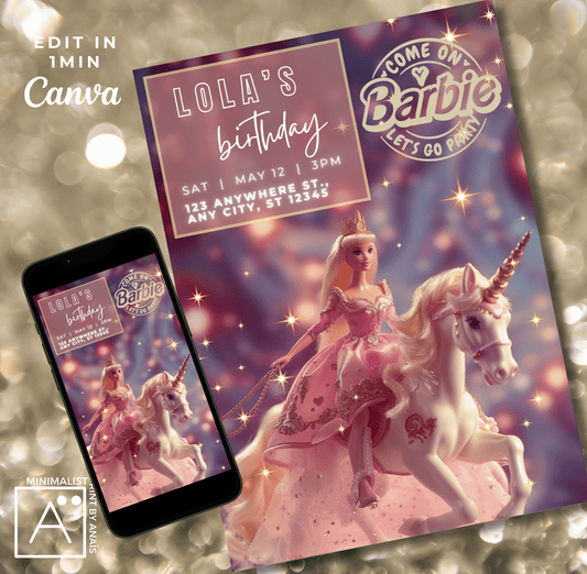 Barbie Princess Unicorn digital birthday invitation editable on Canva with pink and gold design elements Mobile Evite and Printable Template