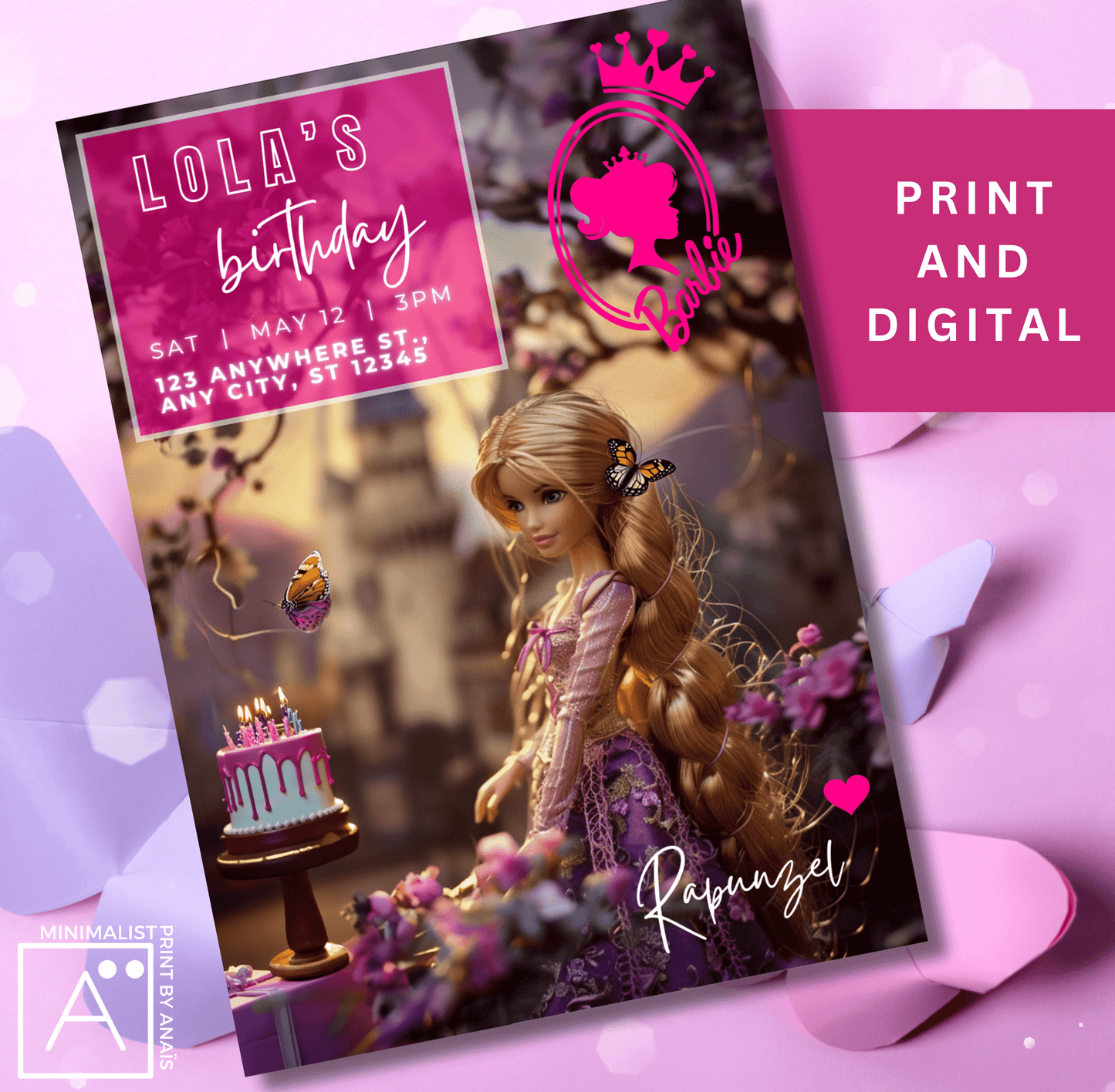 Barbie Rapunzel-themed digital and print birthday invitation, featuring customizable details