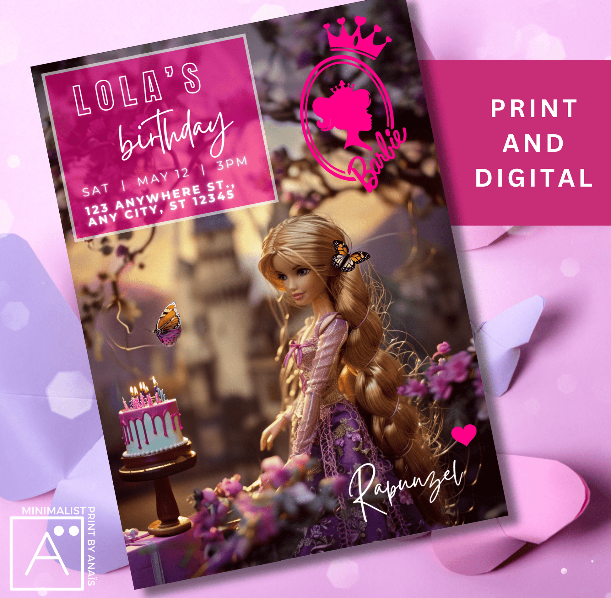 Barbie Rapunzel-themed digital and print birthday invitation, featuring customizable details