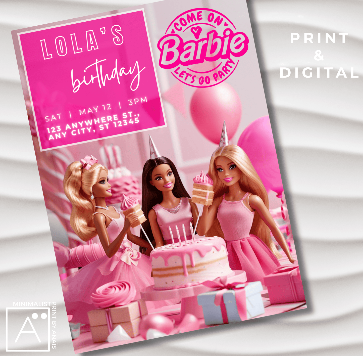 Barbie Themed Birthday Party Invitation amidst Pink Celebration Decor with Barbie Dolls Party Supplies