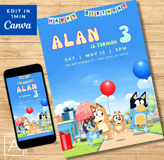 Bluey and his mom and dad, birthday party with balloon Bluey Birthday Party Invitation | Bluey Party Supplies & Decorations | Digital Canva Invite | Printable Birthday Flyer