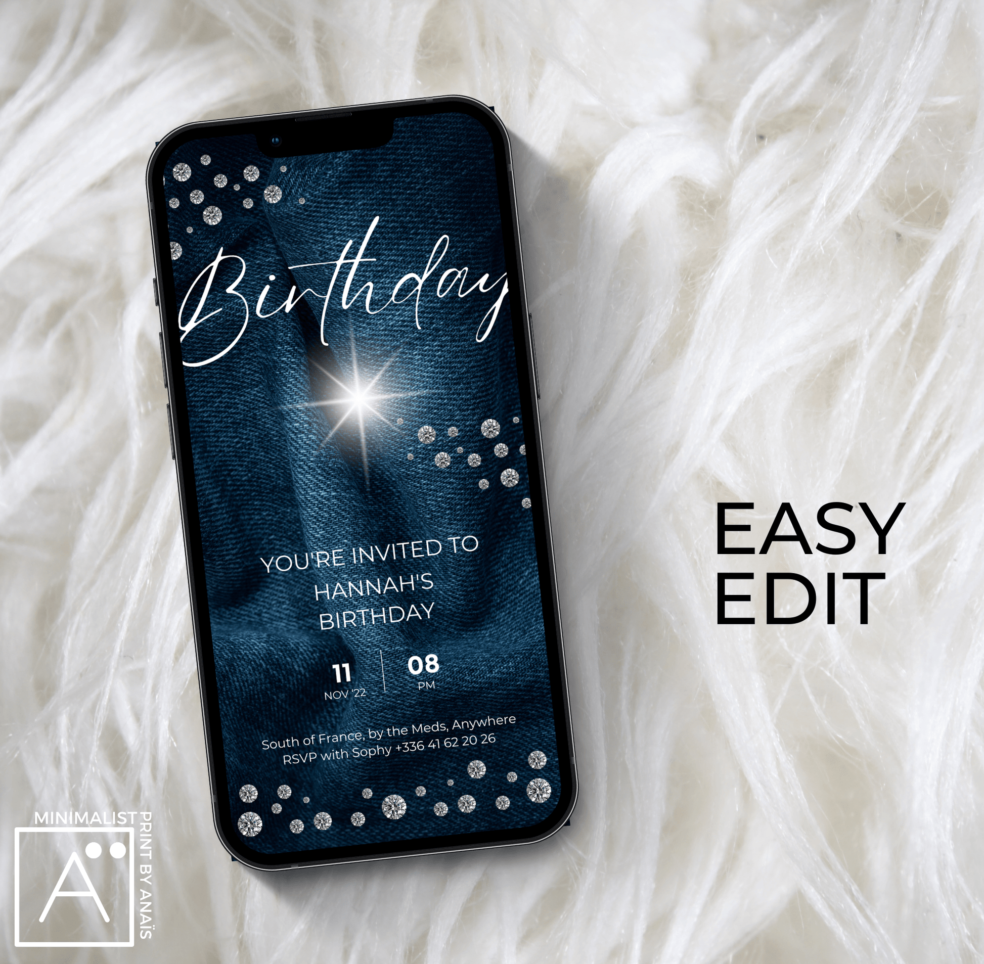 Mobile view of the editable Denim and Diamonds Birthday Invitation Evite on Canva, highlighting the quick customization process and sophisticated design elements