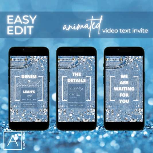 Digital Denim and Diamonds Invitation | Denim & White & Neon |  Phone Evite | Canva Birthday Invitation | DIY Editable Party Invitation | MinimalistPrintByAnais