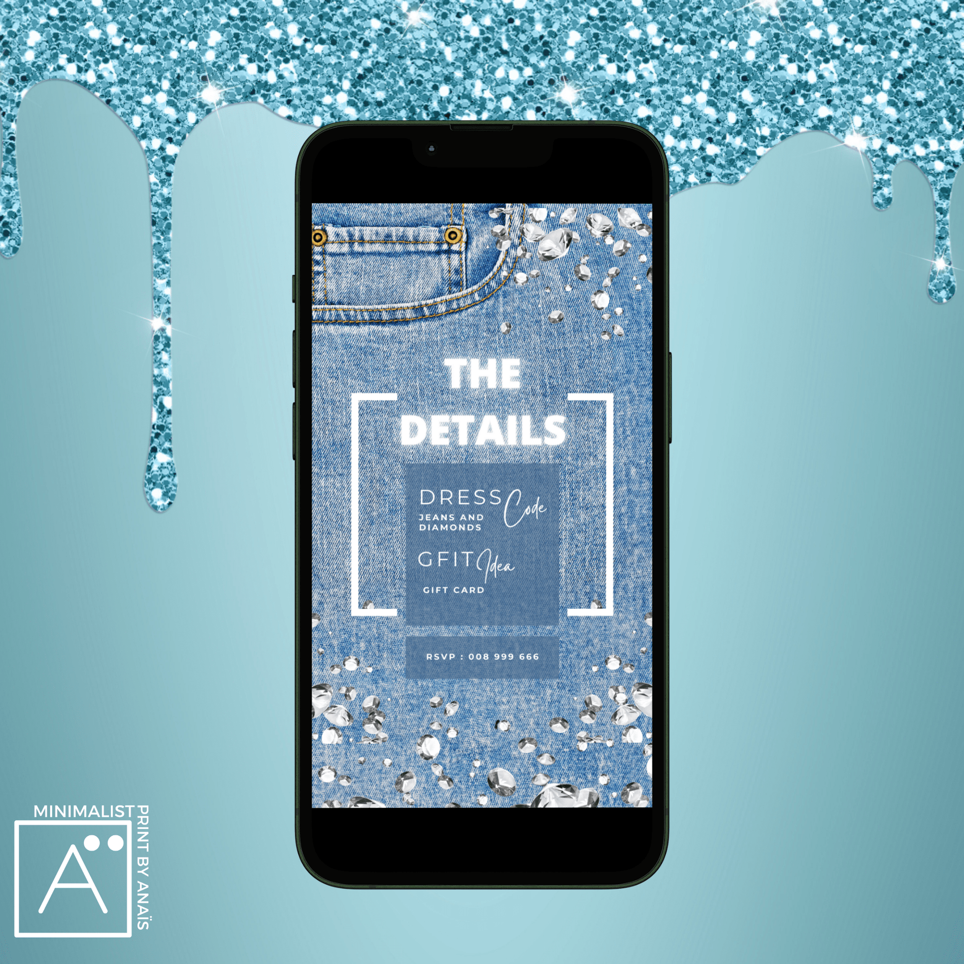 Digital Denim and Diamonds Invitation | Denim & White & Neon |  Phone Evite | Canva Birthday Invitation | DIY Editable Party Invitation | MinimalistPrintByAnais