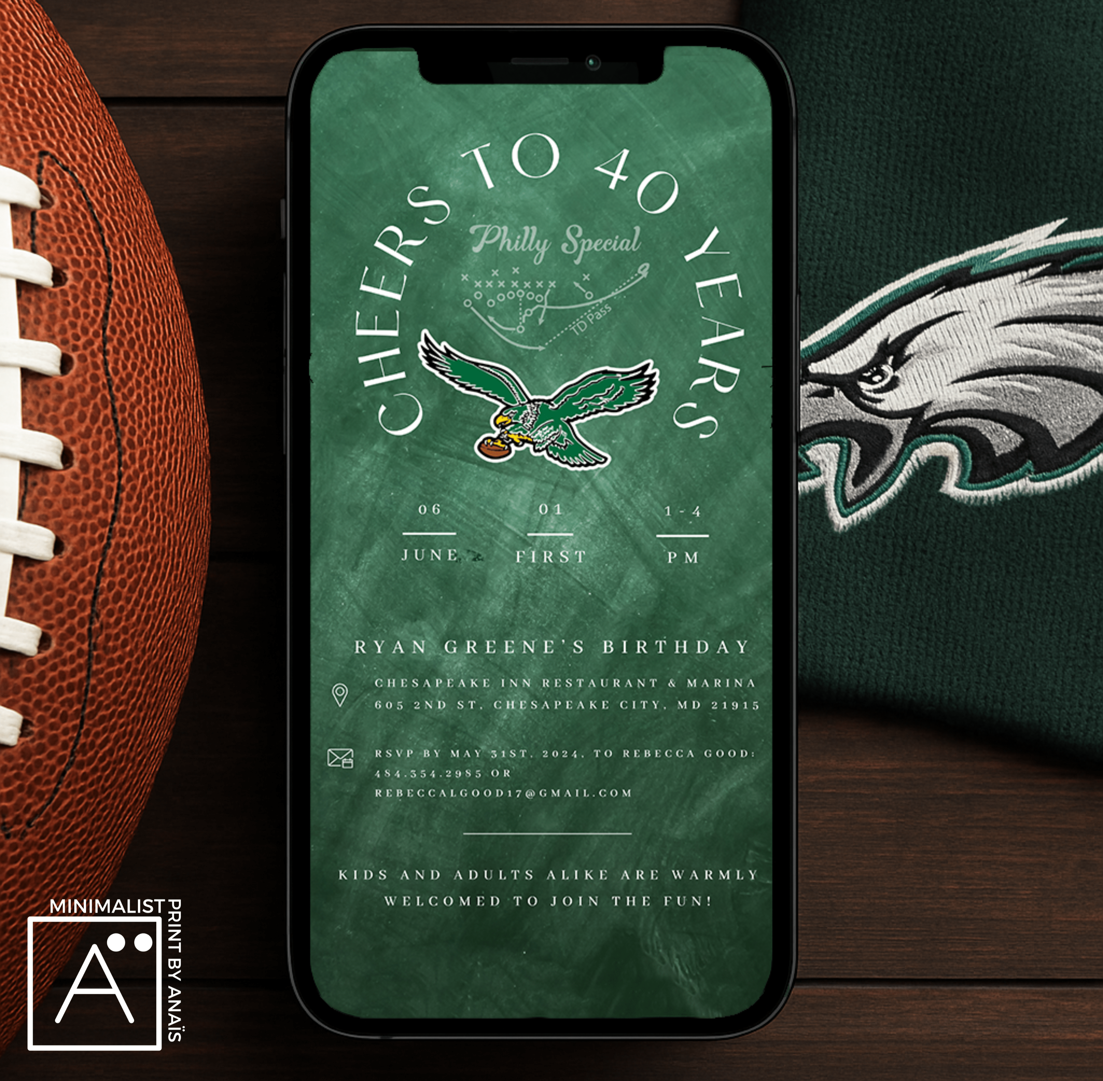 Digital Philadelphia Eagles invitation displayed on smartphone — football birthday Canva template inspired by “Philly Special.