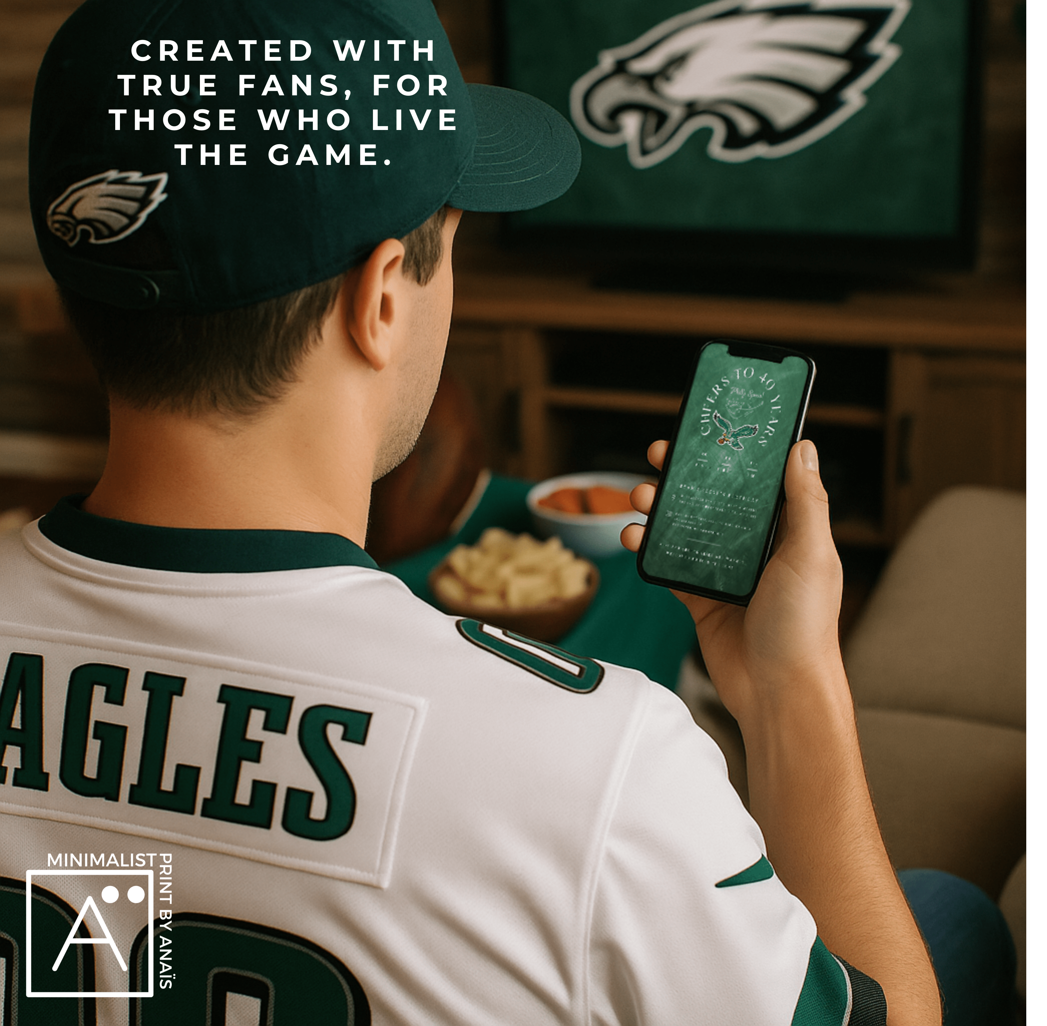 Eagles fan viewing editable football invitation on smartphone — printable Philadelphia Eagles “Philly Special” birthday template.