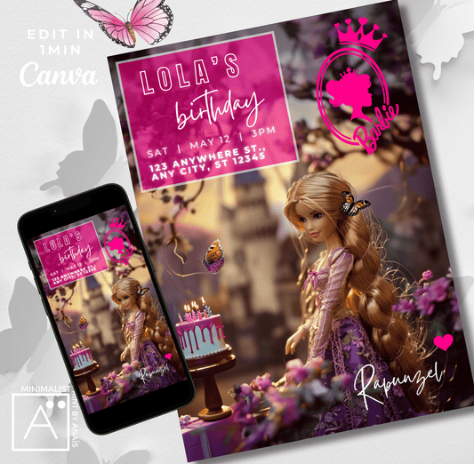 Editable Barbie Rapunzel birthday invitation template on Canva, evite on phone and printable party supplies