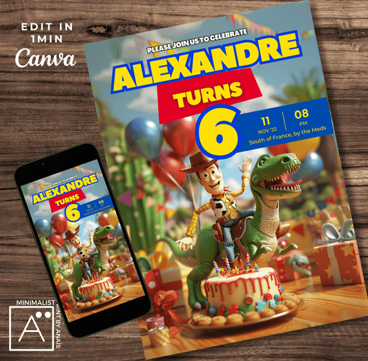 Editable Toy Story Birthday Invitation featuring Woody ridding Rex on Canva Invitation Tempalte, displayed on a phone and print