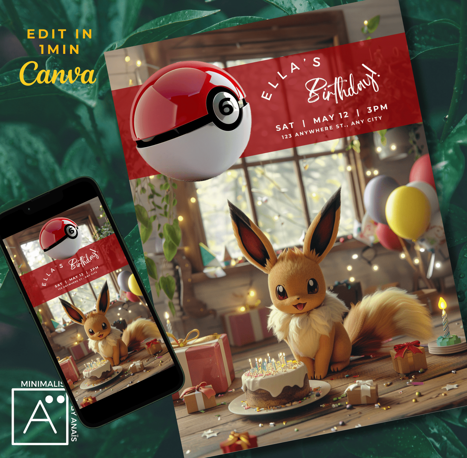 Eevee Birthday Party Invitations | Customizable Pokemon Party Supplies | Digital and Printable