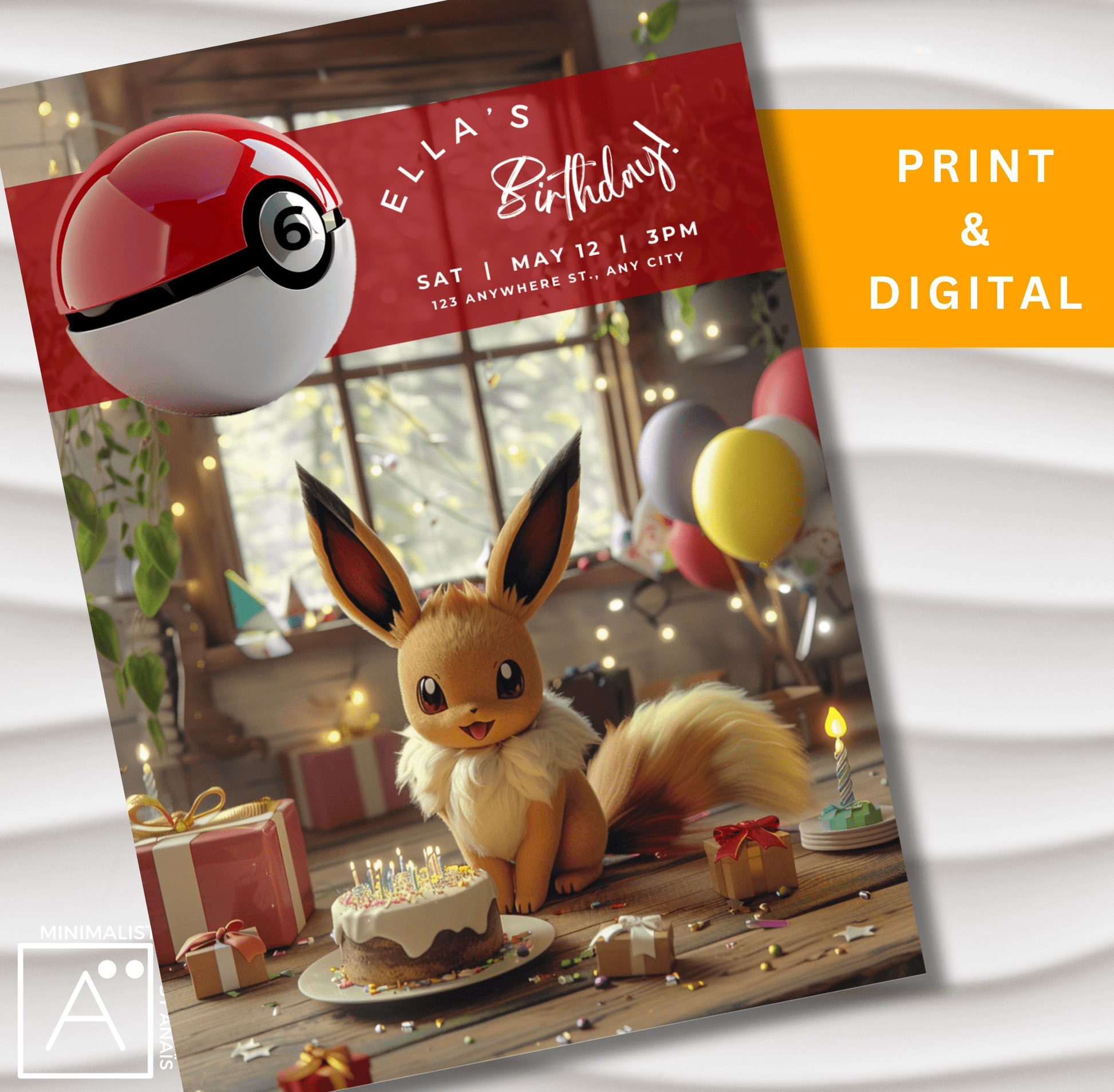 Eevee Birthday Party Invitations | Customizable Pokemon Party Supplies | Printable invite