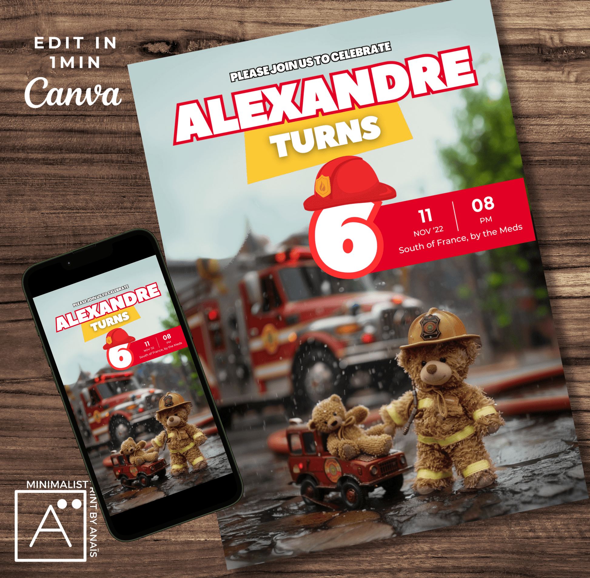 Fire Truck Birthday Party Invitation with Teddy Bear Firefighter, editable template on Canva for a child's firefighter-themed party