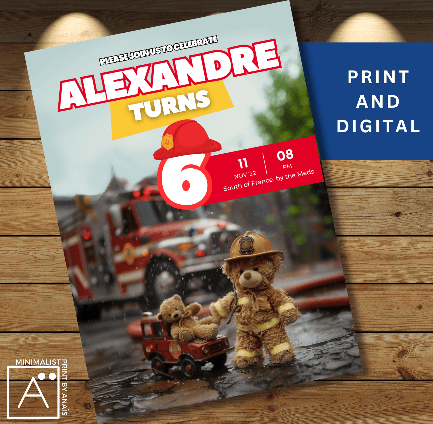 Fire Truck and Teddy Bear-themed Birthday Party Invitation available in both printable and digital formats for a festive firefighter celebration