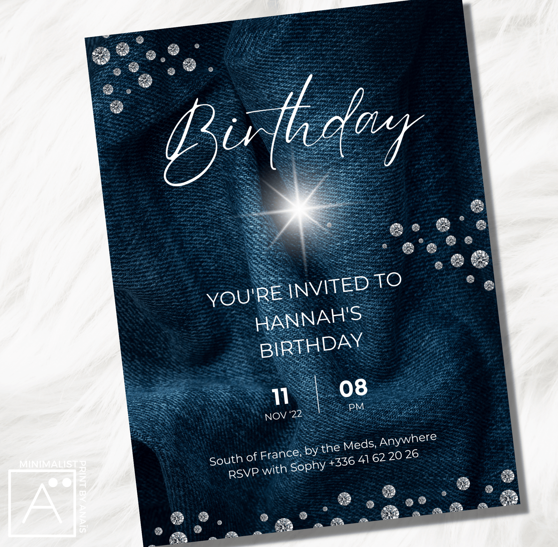 Detailed view of the Denim and Diamonds Birthday card printable Invitation design showcasing its rich denim texture and shimmering diamond decorations."