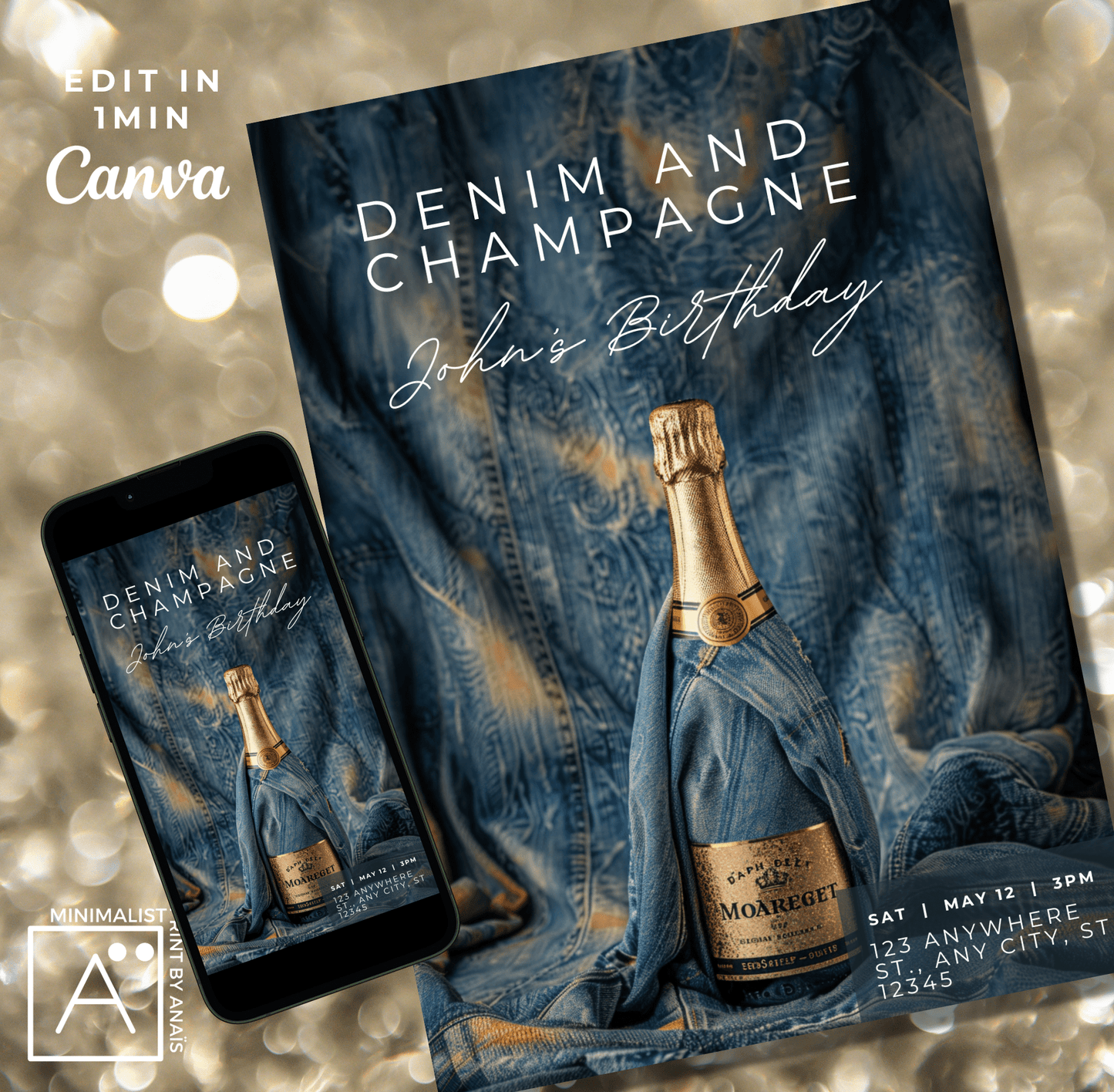 Party with Champagne and Denim: Printable and Digital | Birthday Invitation | Customizable for 30th, 40th, 60th Celebrations & More