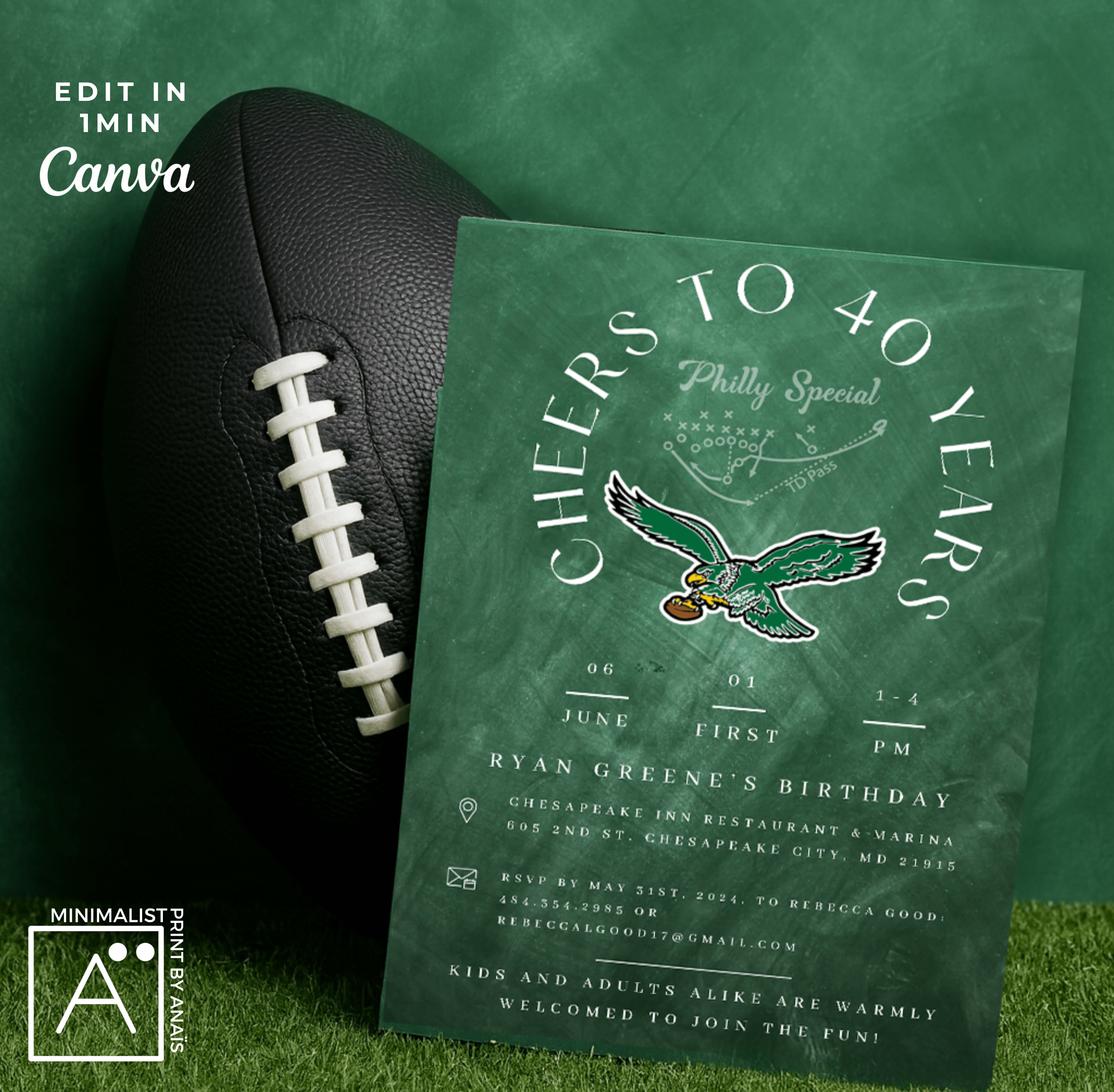 Philadelphia Eagles birthday invitation with “Philly Special” football play diagram on green chalkboard — editable Canva printable template.