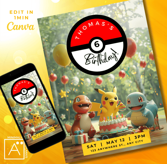 Pokemon Birthday Invitation | Pikachu Birthday Decorations | Editable Pokemon Party Supplies | Printable & Digital | MinimalistPrintByAnais