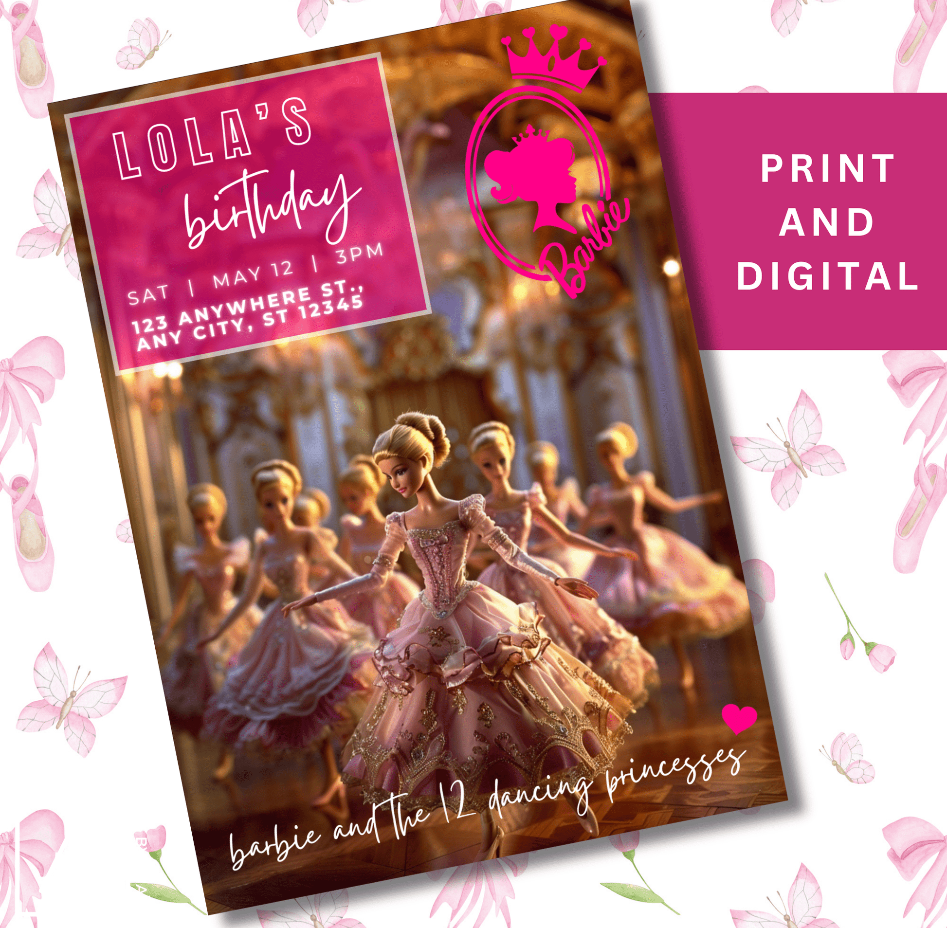 Printable and digital Barbie princess birthday party invitation showcasing the 12 Dancing Princesses