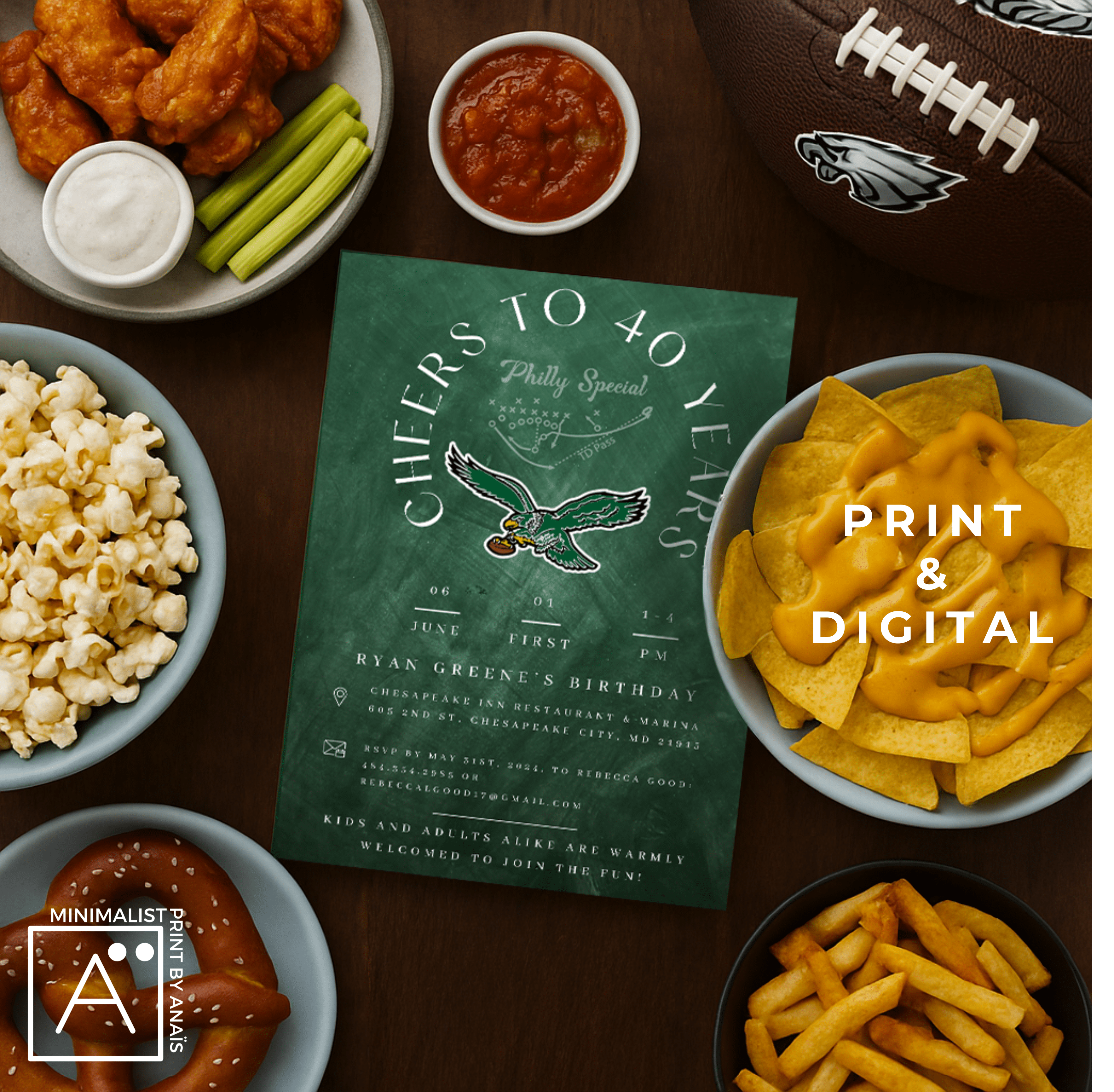 Printable football party invitation styled with game-day food — Eagles “Philly Special” editable Canva design.