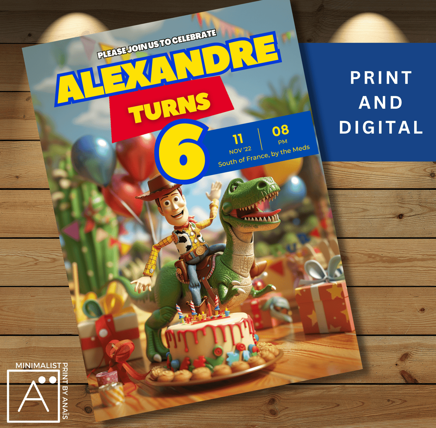 Print and Digital Toy Story Themed Birthday Invitation with T-Rex and Woody, ready for a party, Printable Invitation Birthday Party Supplies