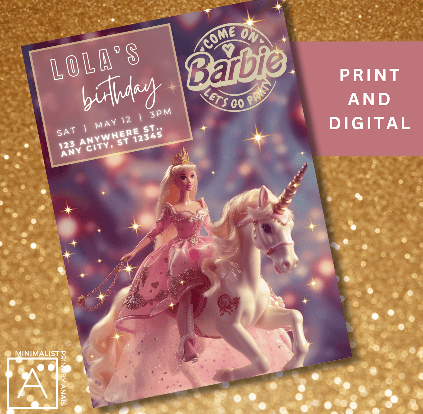 Print and digital Barbie birthday invitation with unicorn theme, featuring editable party details for a personalized touch