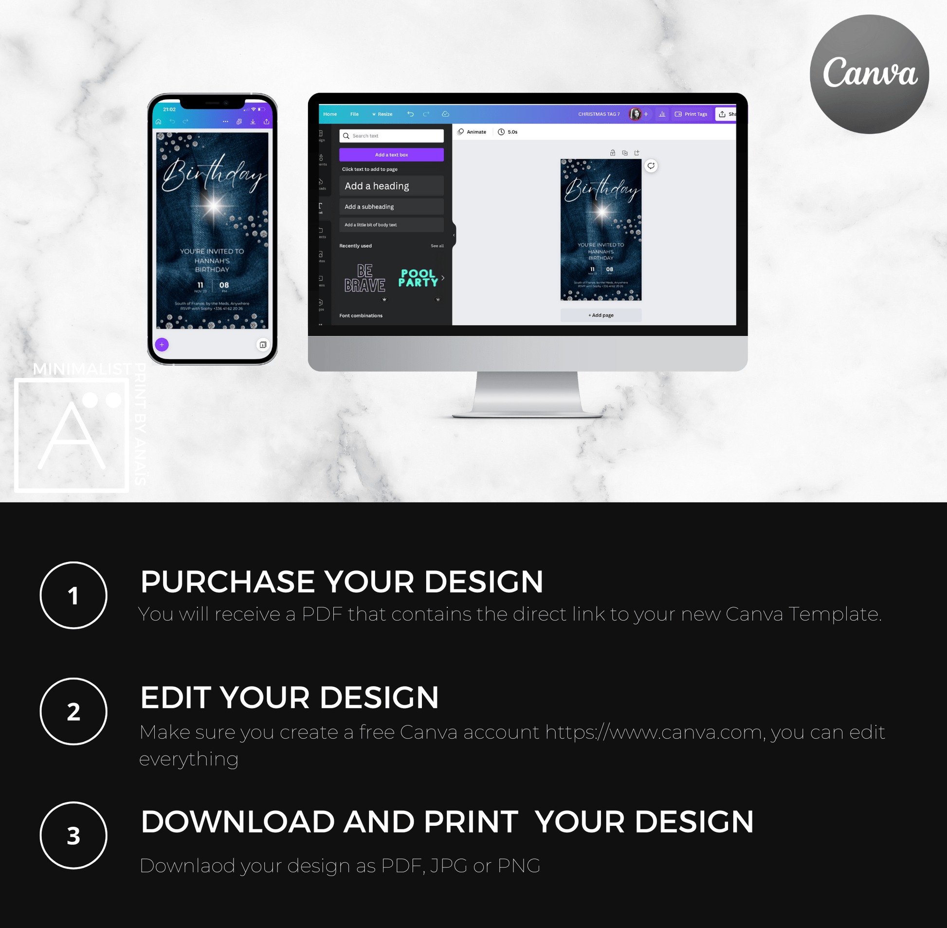 Step-by-step guide on purchasing and editing the Denim and Diamonds Birthday Invitation template on Canva, displayed on various devices including smartphones and desktops