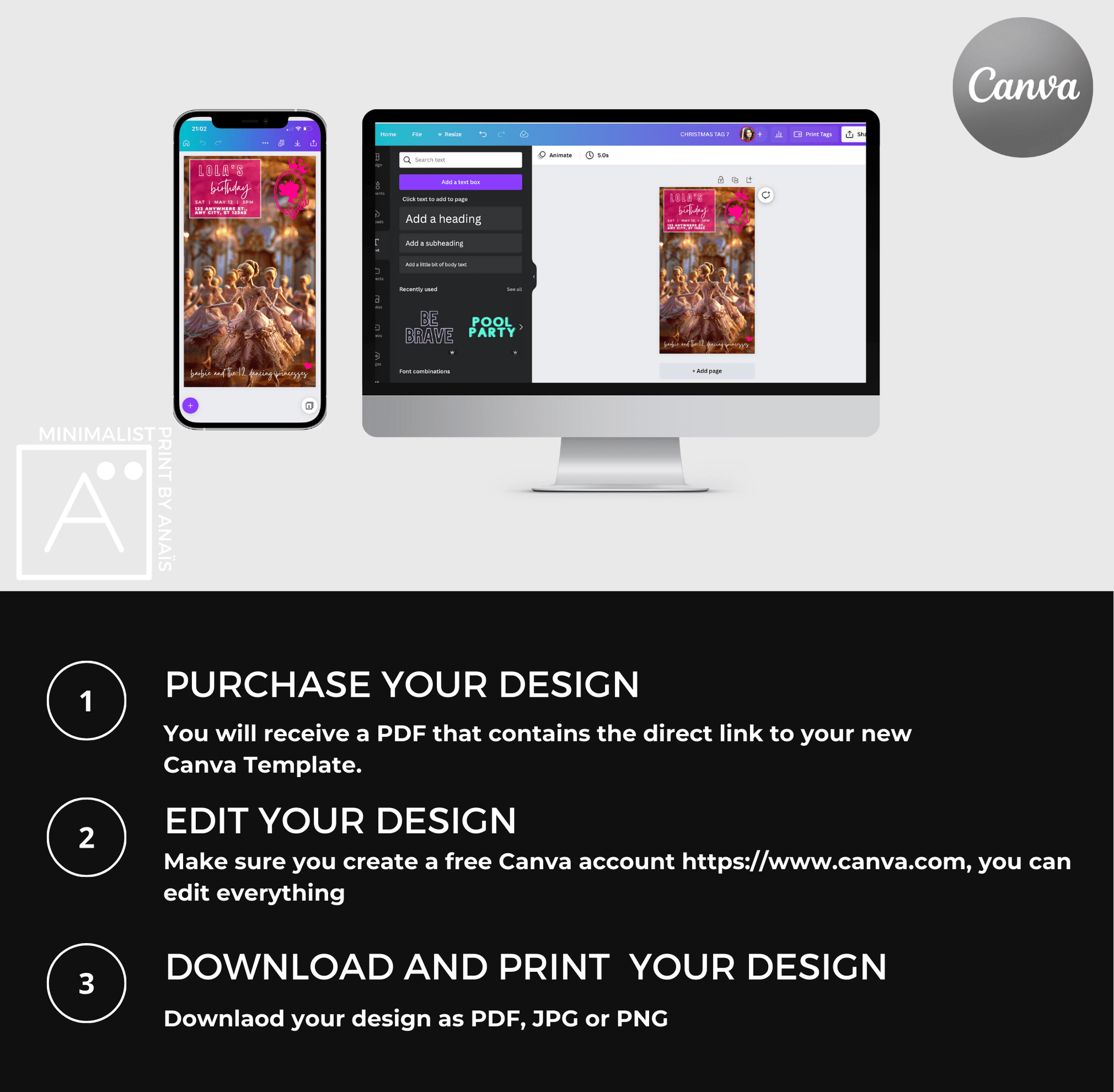 Step-by-step instructions for downloading and customizing the Barbie 12 Dancing Princesses invitation in Canva.