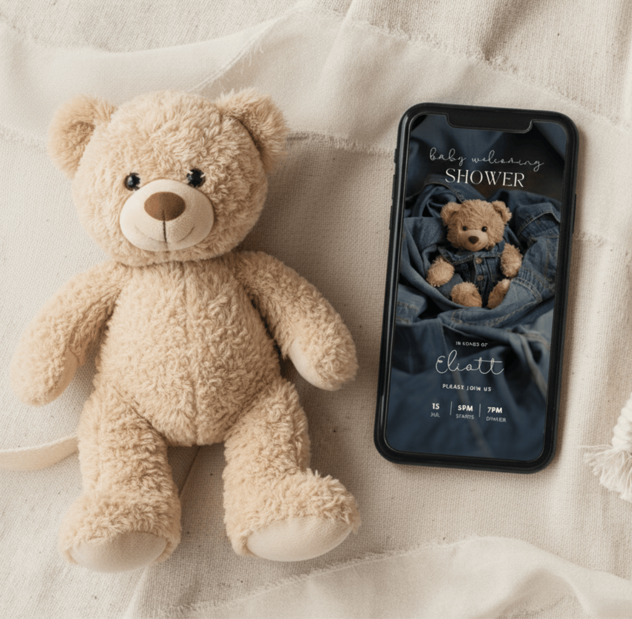 Animated mobile denim teddy bear baby shower invitation displayed on smartphone—editable Canva video to send by text.