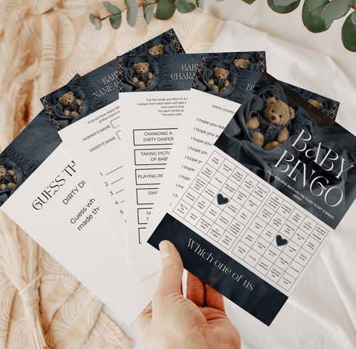 Editable baby shower bingo and charades cards with denim teddy bear design—printable PDF instant download