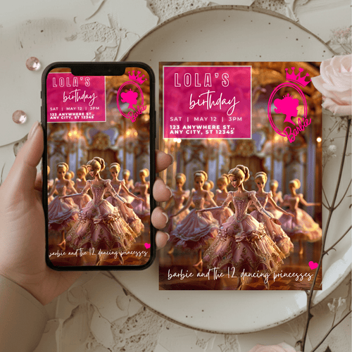 Editable Barbie and the 12 Dancing Princesses birthday invitation digital and printable design shown on phone and print version with pink royal background, gold ballroom, and princess in rose gown