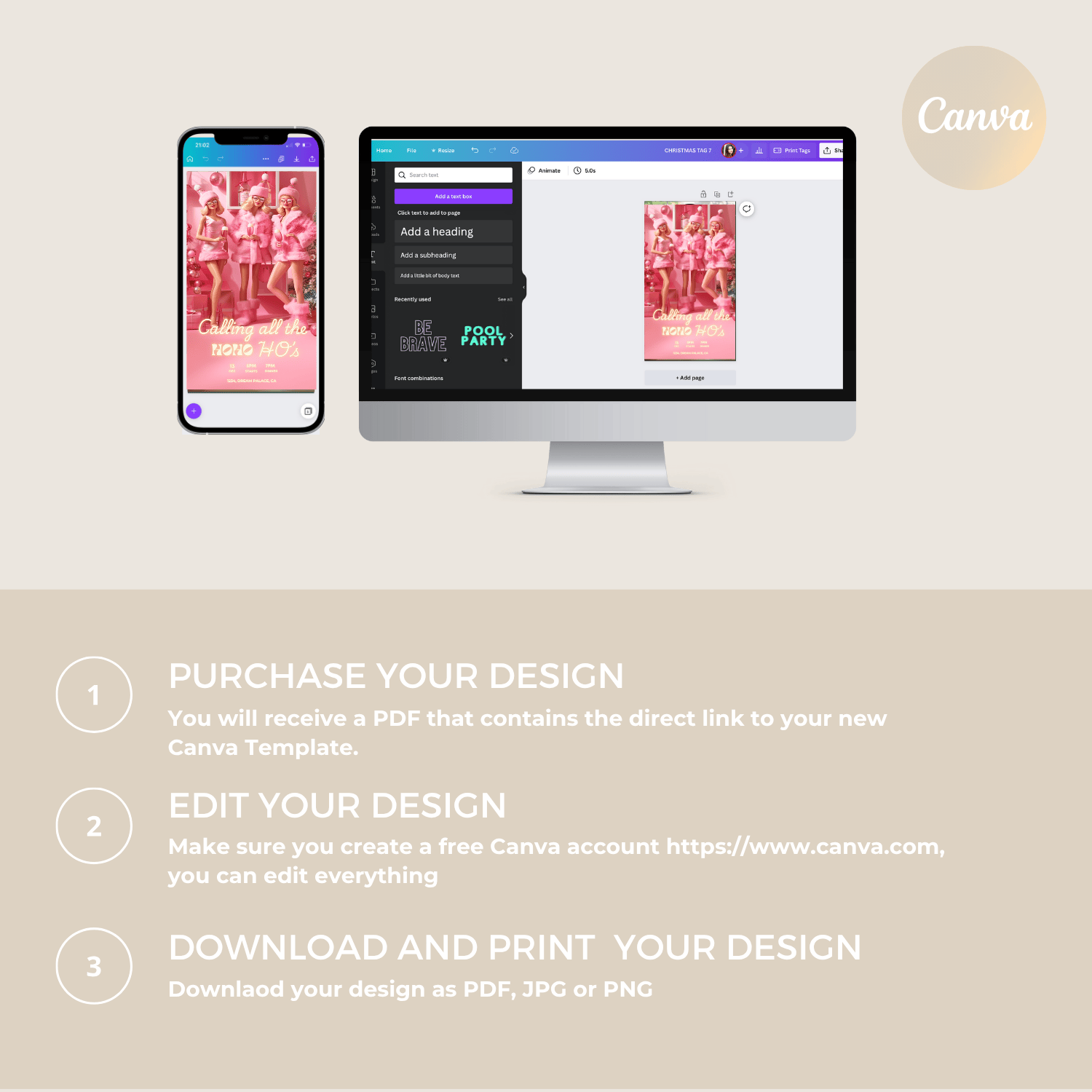 Barbie Friendmas invitation and matching details card set for pink doll Christmas party, editable Canva template.