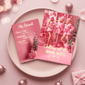 Barbie Christmas Friendmas party invitation and details card on pink plate, glam pink doll-style printable Canva template.