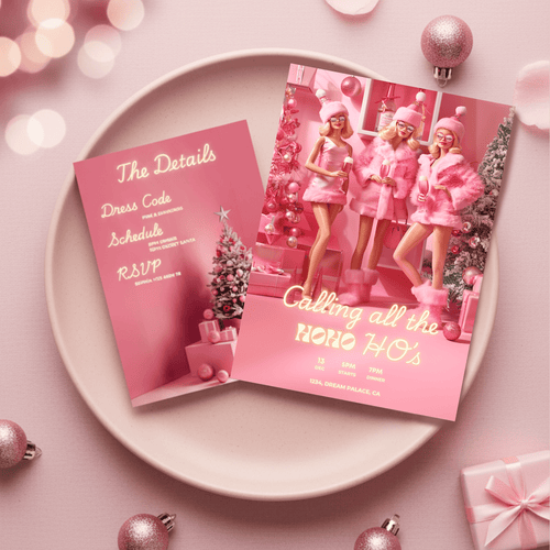 Barbie Christmas Friendmas party invitation and details card on pink plate, glam pink doll-style printable Canva template.