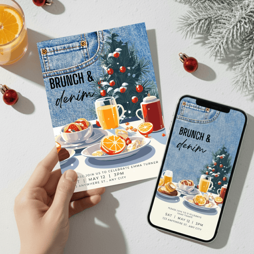 Christmas brunch and denim invitation template shown in hand with matching mobile digital invite, editable Canva holiday brunch design with denim and Christmas tree illustration