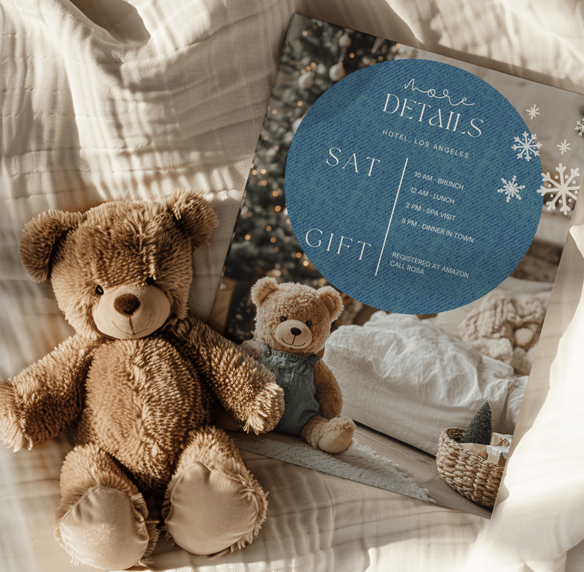 Printable baby shower details card in denim blue with teddy bear, holiday sparkle and cozy bedding.