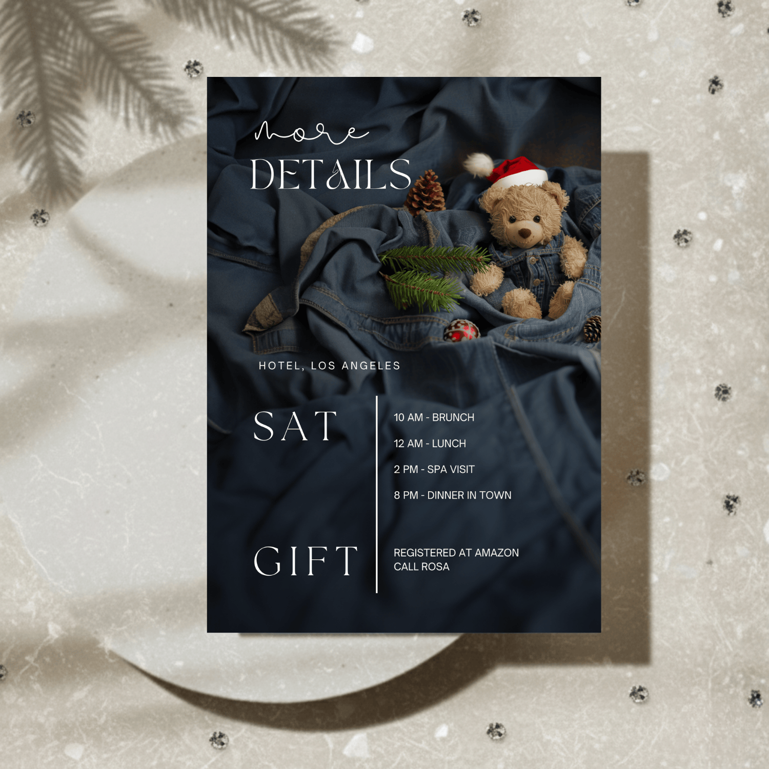 Editable details card for denim Christmas baby shower template