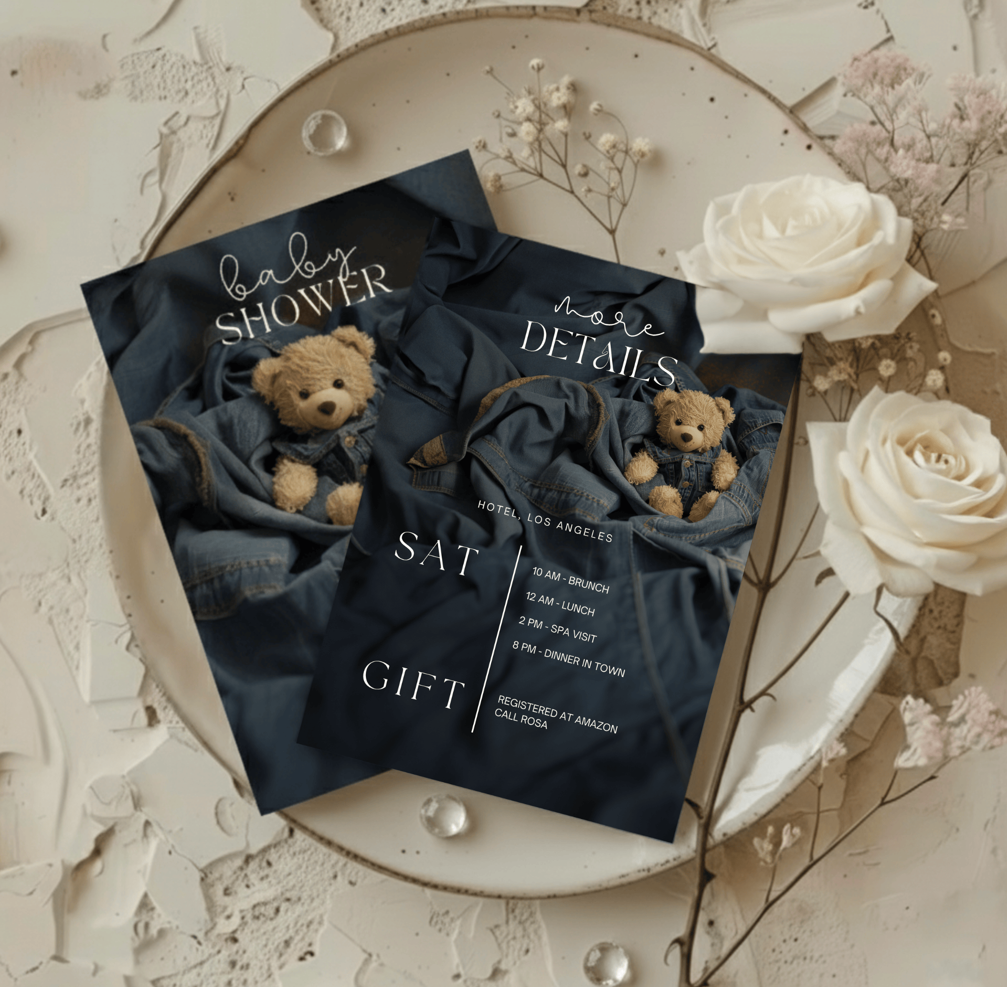 Denim teddy bear baby shower invitation and matching details card styled with neutral florals—printable, editable in Canva.