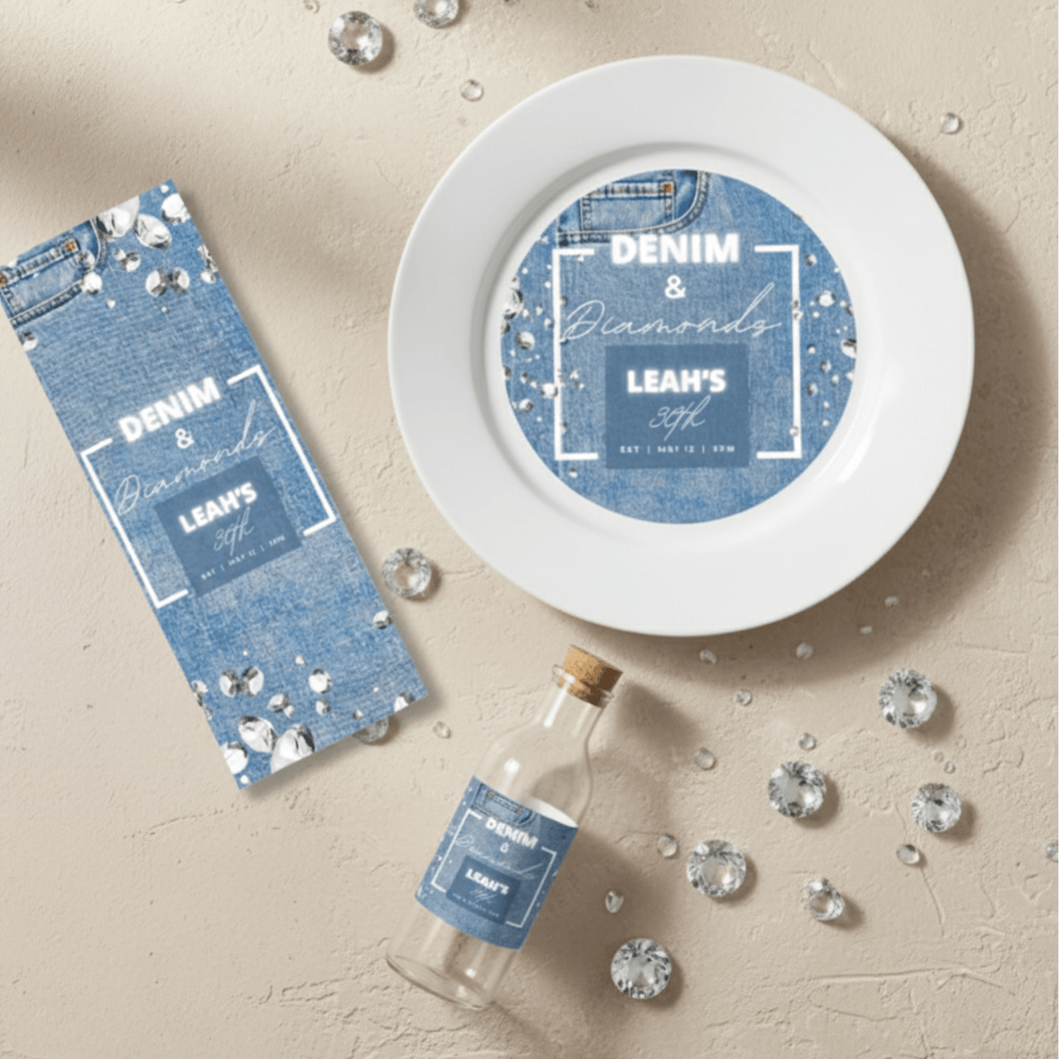 Printable bottle label and palte toppers party decor featuring denim background and diamond details styled with crystal accents.