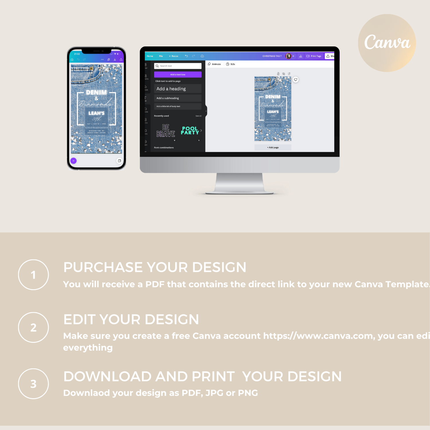 Canva editing guide showing how to customize Denim & Diamonds templates on desktop and mobile.
