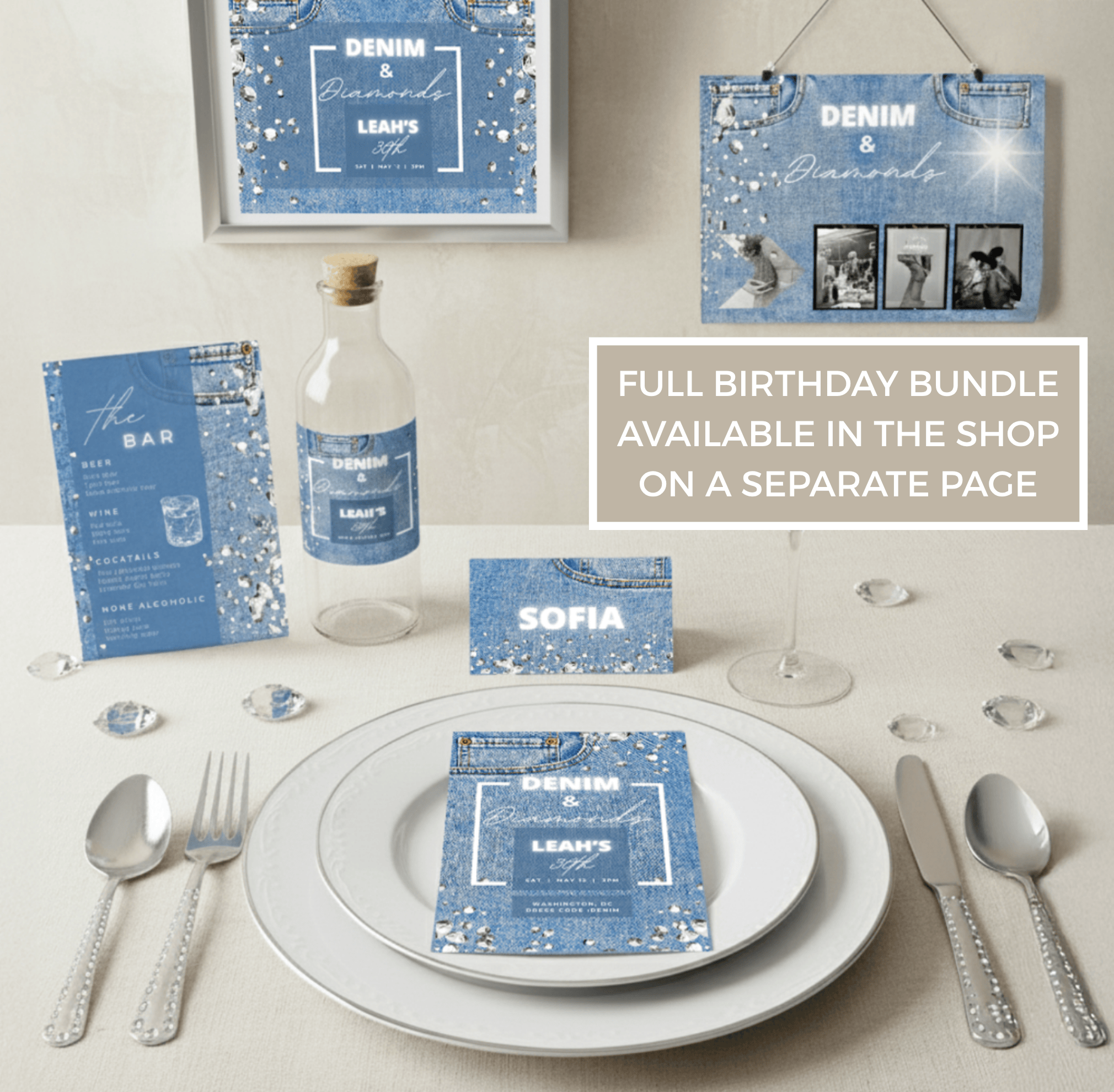 Complete Denim and Diamonds party bundle with invitation, bar menu, name cards, and signage — all editable in Canva. Perfect for elegant birthdays and events.